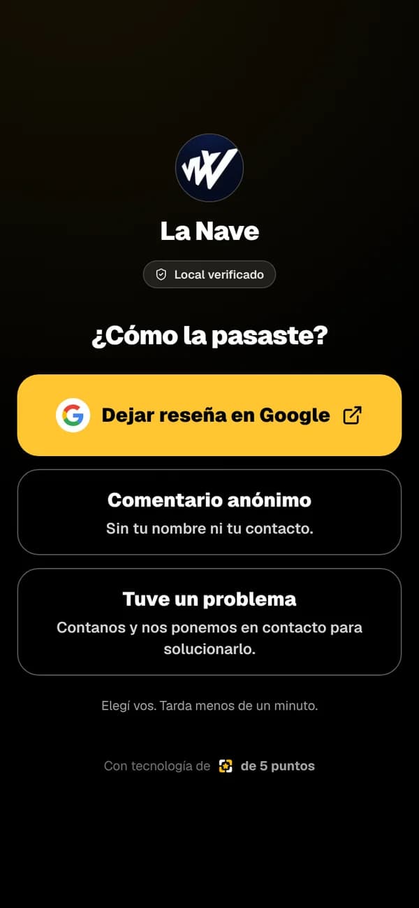 Pantalla con opciones para dejar una reseña o escribir en privado
