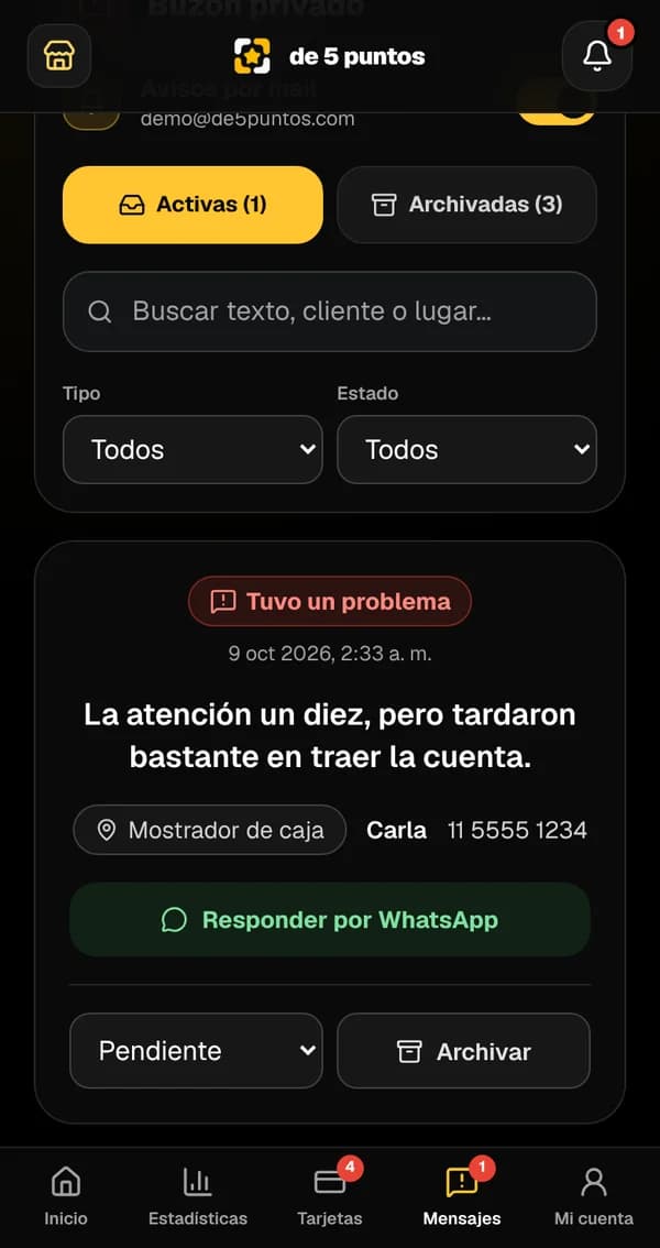 Buzón del panel con un mensaje privado de una clienta, la tarjeta por la que llegó y el botón para responderle por WhatsApp