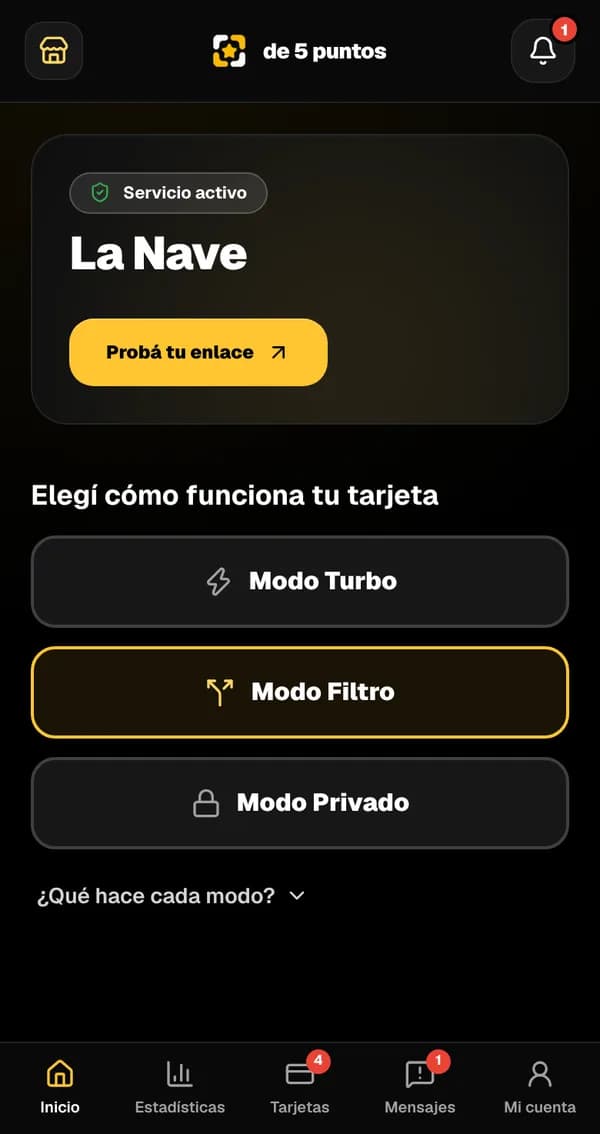 Inicio del panel: el local La Nave con el servicio activo y los tres modos para elegir